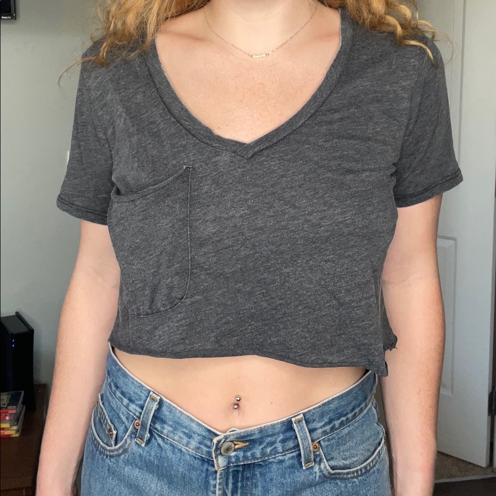 Grey Cropped V Neck With Pocket